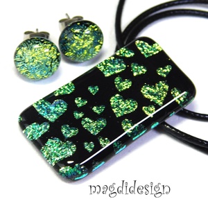 Arany-türkiz szívecskés üvegékszer szett nyaklánc, fülbevaló - Valentin napra, Anyák napjára, Nőnapra - Meska.hu