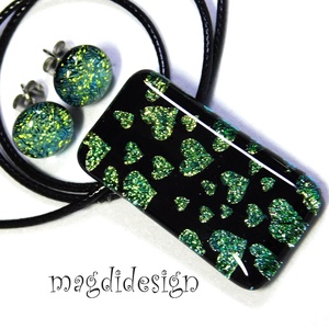 Arany-türkiz szívecskés üvegékszer szett nyaklánc, fülbevaló - Valentin napra, Anyák napjára, Nőnapra - ékszer - nyaklánc - medálos nyaklánc - Meska.hu