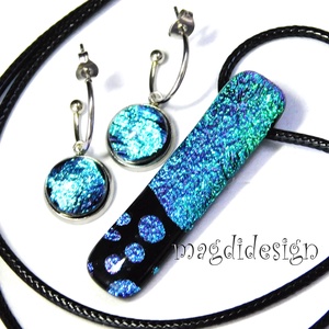 Univerzum türkiz-rózsaszín fekete üvegékszer szett, nyaklánc, lógó fülbevaló - Meska.hu