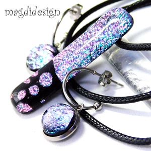 Univerzum türkiz-rózsaszín fekete üvegékszer szett, nyaklánc, lógó fülbevaló - ékszer - ékszerszett - Meska.hu