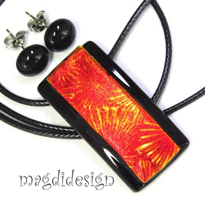 Aranyló vörös és fekete üvegékszer szett nyaklánc stiftes fülbevaló - ékszer - ékszerszett - Meska.hu