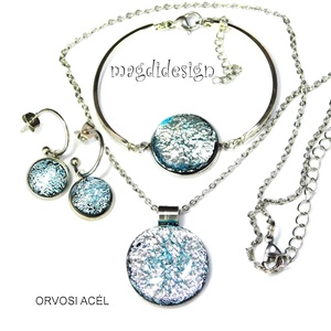 Ezüst dichroic üvegékszer szett nyaklánc, karkötő, lógós fülbevaló  - ékszer - ékszerszett - Meska.hu