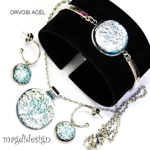 Ezüst dichroic üvegékszer szett nyaklánc, karkötő, lógós fülbevaló  - ékszer - ékszerszett - Meska.hu