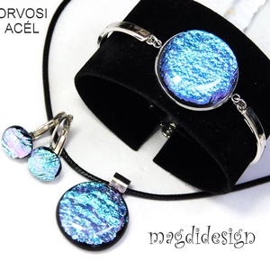 Ezüst dichroic üvegékszer szett nyaklánc, karkötő, lógós fülbevaló  1 - ékszer - ékszerszett - Meska.hu