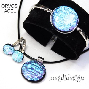 Színjátszó kék dichroic üvegékszer szett nyaklánc, karkötő, kapcsos fülbevaló  - ékszer - ékszerszett - Meska.hu