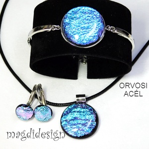 Színjátszó kék dichroic üvegékszer szett nyaklánc, karkötő, kapcsos fülbevaló  - ékszer - ékszerszett - Meska.hu