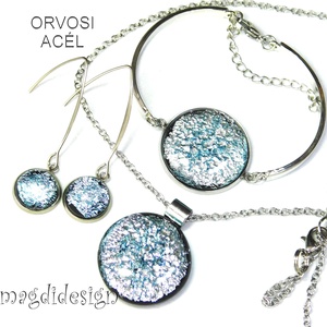Ezüst dichroic üvegékszer szett nyaklánc, karkötő, lógós fülbevaló  1 - ékszer - ékszerszett - Meska.hu