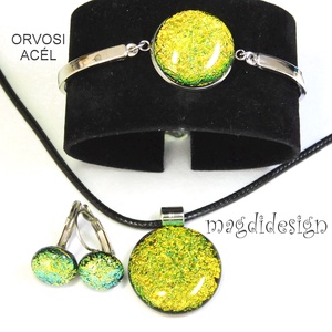 Arany dichroic üvegékszer szett nyaklánc, karkötő, kapcsos fülbevaló  - Meska.hu