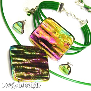 Aranyló zöld-mályva selyemcukor üvegékszer szett nyaklánc karkötő stiftes  - ékszer - ékszerszett - Meska.hu