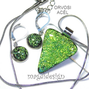  Szikrázó almazöld dichroic üvegékszer szett nyaklánc kapcsos fülbevaló - ékszer - ékszerszett - Meska.hu