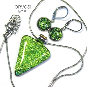 Szikrázó almazöld dichroic üvegékszer szett nyaklánc kapcsos fülbevaló - ékszer - ékszerszett - Meska.hu
