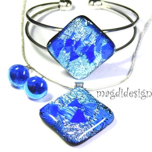 Ezüst rombusz kék lapokkal üvegékszer szett nyaklánc, karkötő, stiftes fülbevaló, Ékszer, Ékszerszett, Ékszerkészítés, Üvegművészet, MESKA