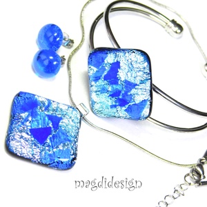 Ezüst rombusz kék lapokkal üvegékszer szett nyaklánc, karkötő, stiftes fülbevaló - ékszer - ékszerszett - Meska.hu
