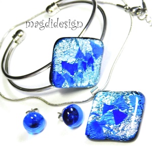 Ezüst rombusz kék lapokkal üvegékszer szett nyaklánc, karkötő, stiftes fülbevaló - ékszer - ékszerszett - Meska.hu