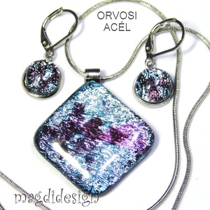 Ezüst rombusz kék lapokkal üvegékszer szett nyaklánc, karkötő, stiftes fülbevaló - ékszer - ékszerszett - Meska.hu