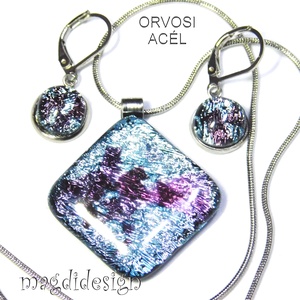 Ezüst rombusz lila lapokkal üvegékszer szett nyaklánc, kapcsos fülbevaló, Ékszer, Ékszerszett, Ékszerkészítés, Üvegművészet, MESKA