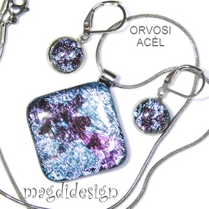Ezüst rombusz lila lapokkal üvegékszer szett nyaklánc, kapcsos fülbevaló - ékszer - ékszerszett - Meska.hu