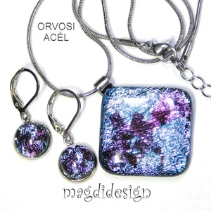 Ezüst rombusz lila lapokkal üvegékszer szett nyaklánc, kapcsos fülbevaló - ékszer - ékszerszett - Meska.hu