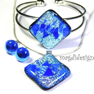 Ezüst rombusz lila lapokkal üvegékszer szett nyaklánc, kapcsos fülbevaló - ékszer - ékszerszett - Meska.hu