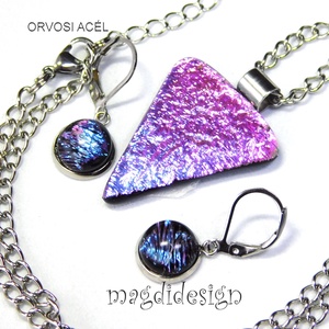 Szikrázó rózsaszín-kék dichroic üvegékszer szett nyaklánc kapcsos fülbevaló - Meska.hu