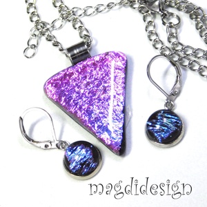  Szikrázó rózsaszín-kék dichroic üvegékszer szett nyaklánc kapcsos fülbevaló - ékszer - ékszerszett - Meska.hu