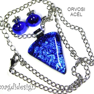  Szikrázó királykék dichroic üvegékszer szett nyaklánc stiftes fülbevaló - ékszer - ékszerszett - Meska.hu