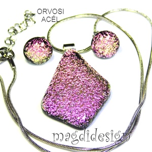 Szikrázó rózsaszín üvegékszer szett nyaklánc stiftes fülbevaló - ékszer - ékszerszett - Meska.hu