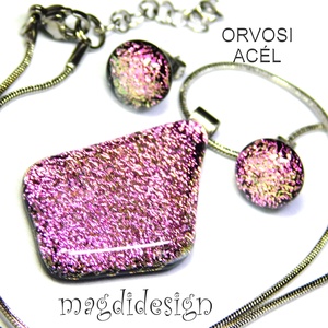 Szikrázó rózsaszín üvegékszer szett nyaklánc stiftes fülbevaló - ékszer - ékszerszett - Meska.hu