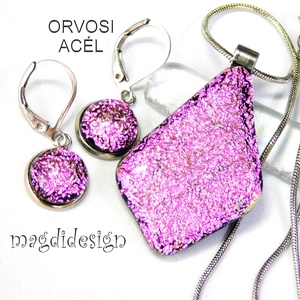 Szikrázó rózsaszín üvegékszer szett nyaklánc stiftes fülbevaló - ékszer - ékszerszett - Meska.hu