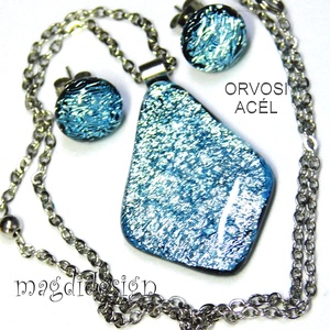 Szikrázó ezüst üvegékszer szett nyaklánc stiftes fülbevaló - Meska.hu