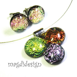 Arany-vörös-rózsaszín dichroic bogyós színtrió üvegékszer szett nyaklánc stiftes fülbevaló - Meska.hu
