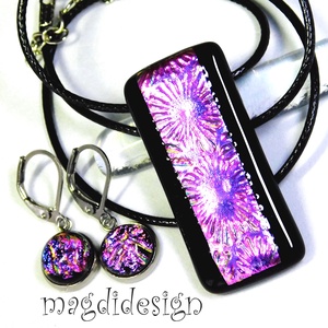 Pink-lila-arany tűzijáték üvegékszer szett nyaklánc kapcsos fülbevaló  - Meska.hu