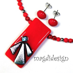 Ezüst szögek meggypirosban üvegékszer szett 1 - ékszer - ékszerszett - Meska.hu