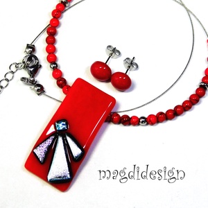 Ezüst szögek meggypirosban üvegékszer szett - ékszer - ékszerszett - Meska.hu