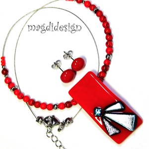 Ezüst szögek meggypirosban üvegékszer szett - ékszer - ékszerszett - Meska.hu