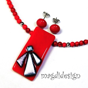 Ezüst szögek meggypirosban üvegékszer szett - ékszer - ékszerszett - Meska.hu