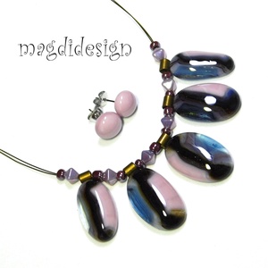 Púderes tarkaság üvegékszer szett, nyaklánc, stiftes fülbevaló - ékszer - ékszerszett - Meska.hu