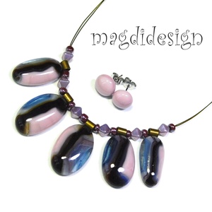 Púderes tarkaság üvegékszer szett, nyaklánc, stiftes fülbevaló - ékszer - ékszerszett - Meska.hu