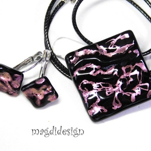 Rózsaszín fekete galaxis üvegékszer szett, nyaklánc, kapcsos fülbevaló - ékszer - ékszerszett - Meska.hu