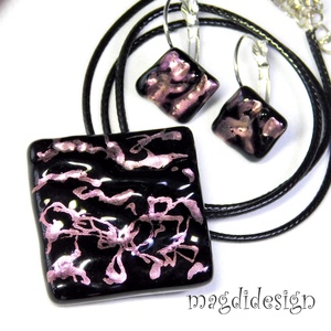 Rózsaszín fekete galaxis üvegékszer szett, nyaklánc, kapcsos fülbevaló, Ékszer, Ékszerszett, Ékszerkészítés, Üvegművészet, MESKA
