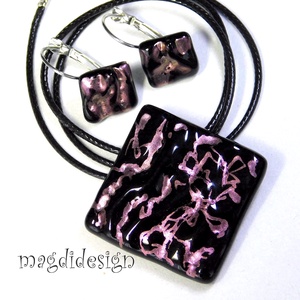 Rózsaszín fekete galaxis üvegékszer szett, nyaklánc, kapcsos fülbevaló - ékszer - ékszerszett - Meska.hu