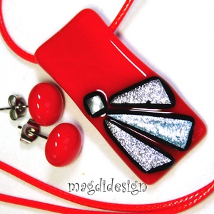 Ezüst szögek meggypirosban üvegékszer szett 1 - ékszer - ékszerszett - Meska.hu