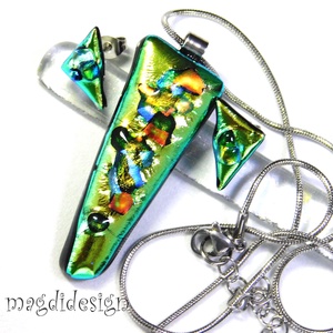 NEMESACÉL! Zöld köves színjáték dichroic üvegékszer szett nyaklánc fülbevaló - Meska.hu