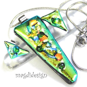 NEMESACÉL! Zöld köves színjáték dichroic üvegékszer szett nyaklánc fülbevaló - ékszer - ékszerszett - Meska.hu