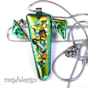 NEMESACÉL! Zöld köves színjáték dichroic üvegékszer szett nyaklánc fülbevaló - ékszer - ékszerszett - Meska.hu