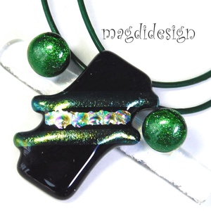 Arany-zöld dichroic üvegékszer szett nyaklánc pötty fülbevaló - ékszer - ékszerszett - Meska.hu