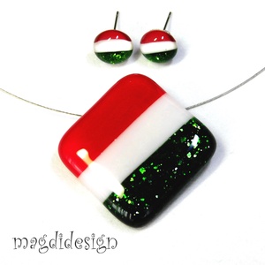 Nemzeti színű üvegékszer szett nyaklánc stiftes fülbevaló-- Kokárda - Meska.hu