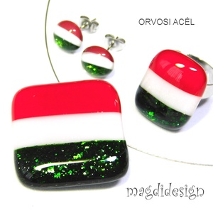 Nemzeti színű üvegékszer szett nyaklánc, gyűrű,  stiftes fülbevaló-- Kokárda - ékszer - ékszerszett - Meska.hu