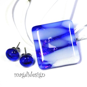 Sejtelmes fehér-kék csillogás üvegékszer szett, nyaklánc, stiftes fülbevaló - ékszer - ékszerszett - Meska.hu