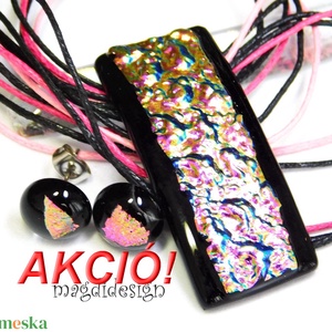 Fekete-rózsa dichrroic üvegékszer szett nyaklánc pötty fülbevaló - Meska.hu